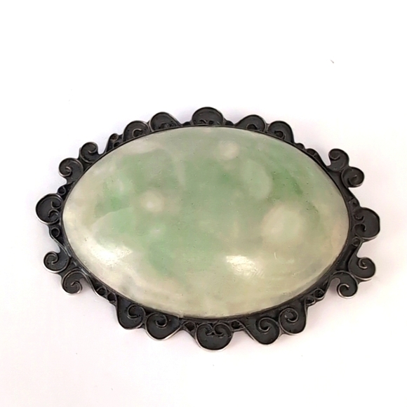 Mexico Jewelry - Vintage Sterling Silver Oval Cabochon Green Stone Agate ? Brooch Pin - Mexico